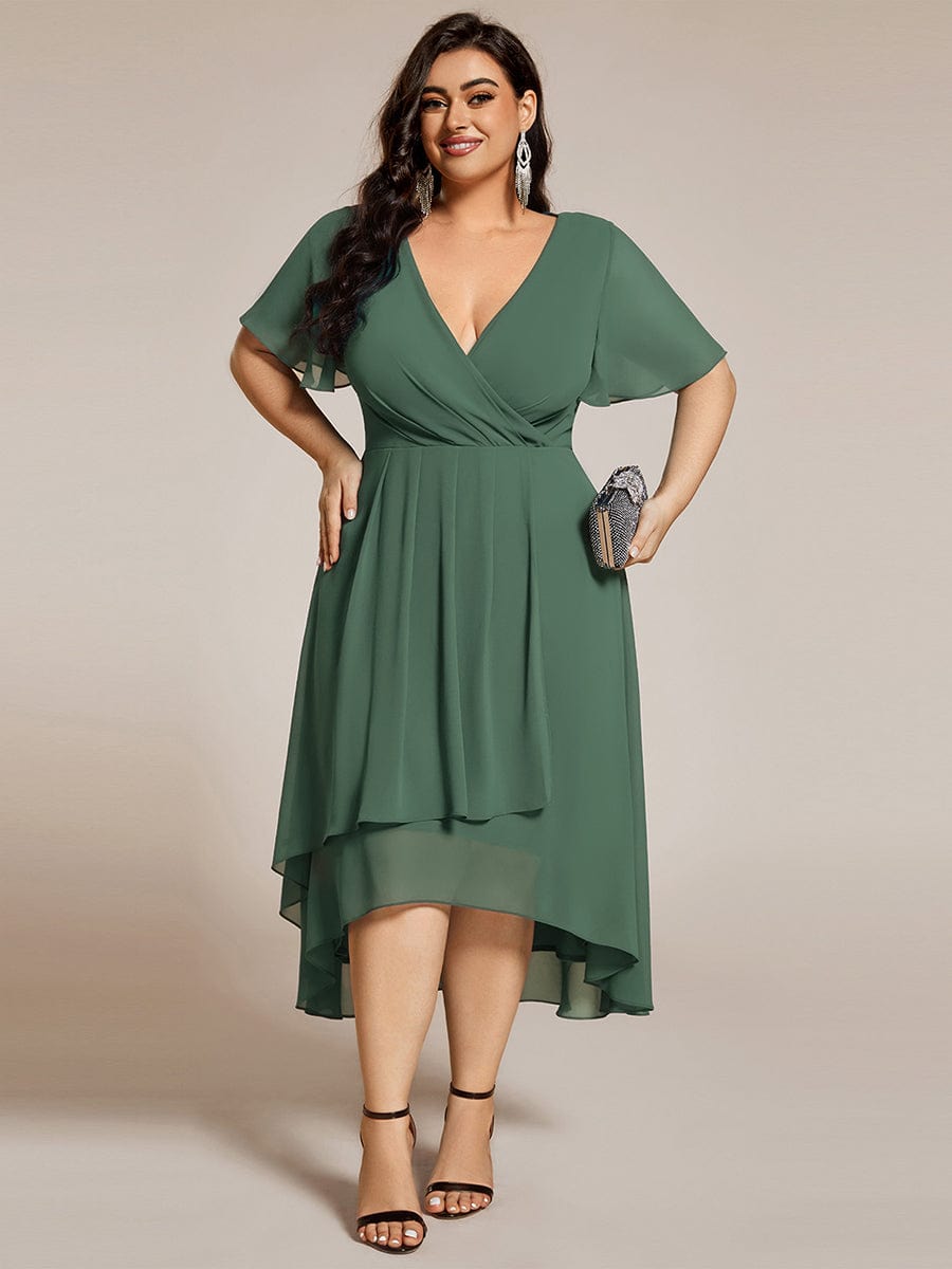 Maya|Ruffles Sleeve Pleated V-Neck A-Line Midi Chiffon Wedding Guest Dress