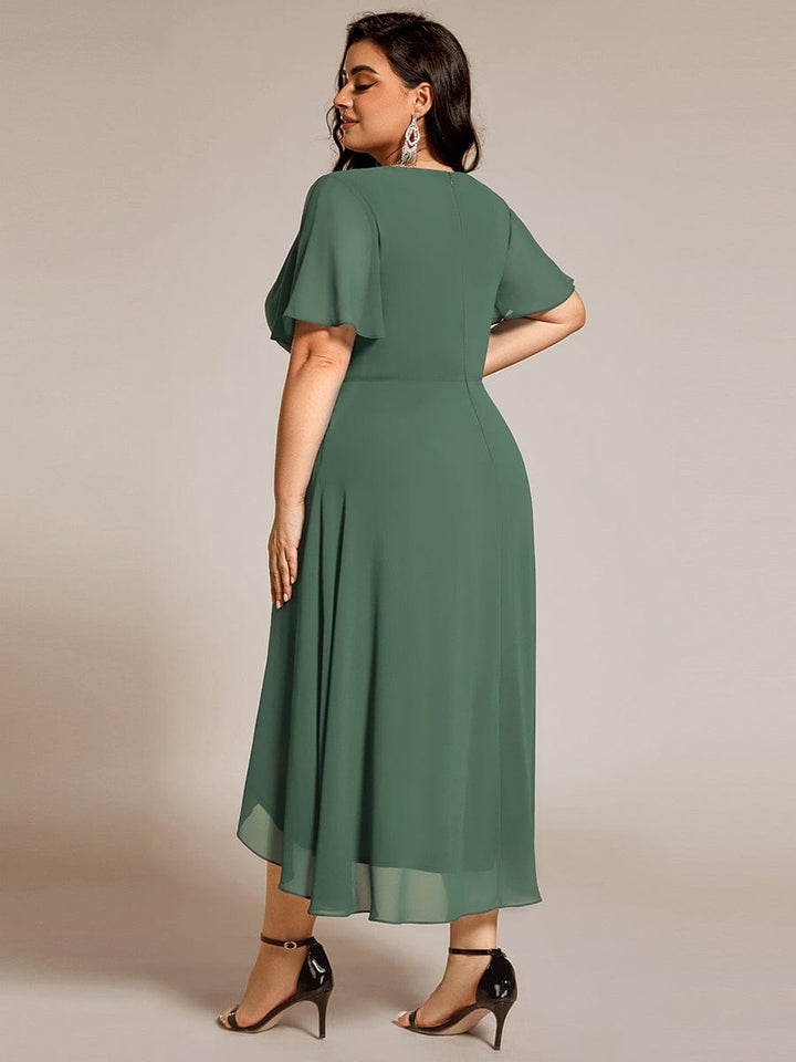 Maya|Ruffles Sleeve Pleated V-Neck A-Line Midi Chiffon Wedding Guest Dress
