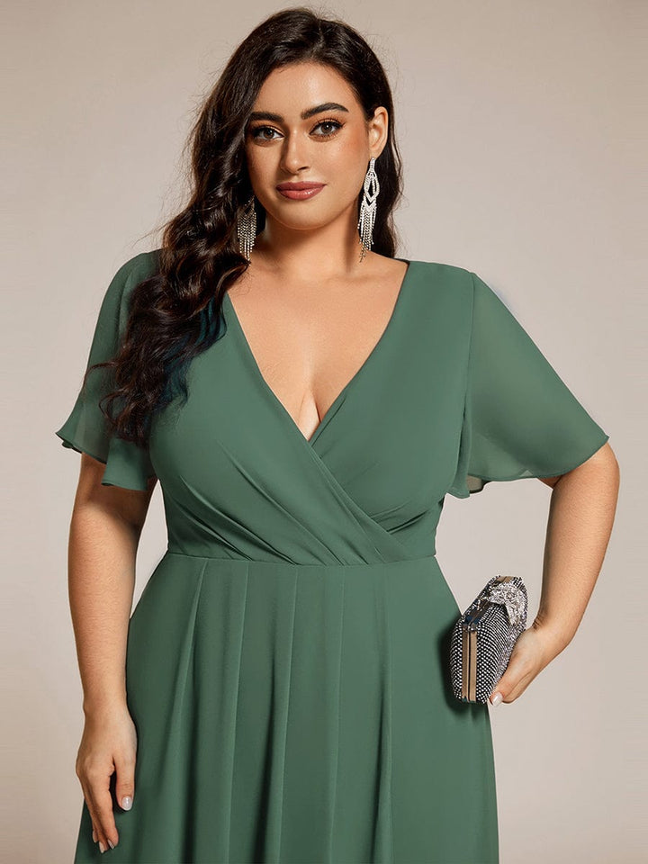 Maya|Ruffles Sleeve Pleated V-Neck A-Line Midi Chiffon Wedding Guest Dress