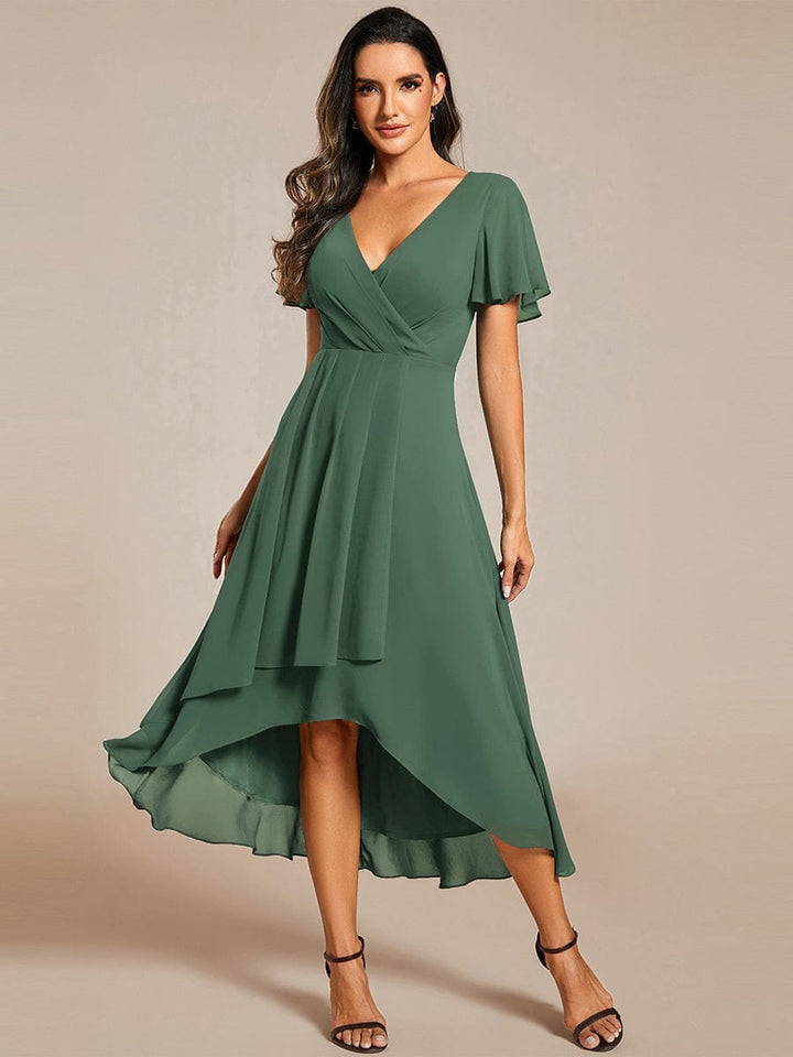 Maya|Ruffles Sleeve Pleated V-Neck A-Line Midi Chiffon Wedding Guest Dress