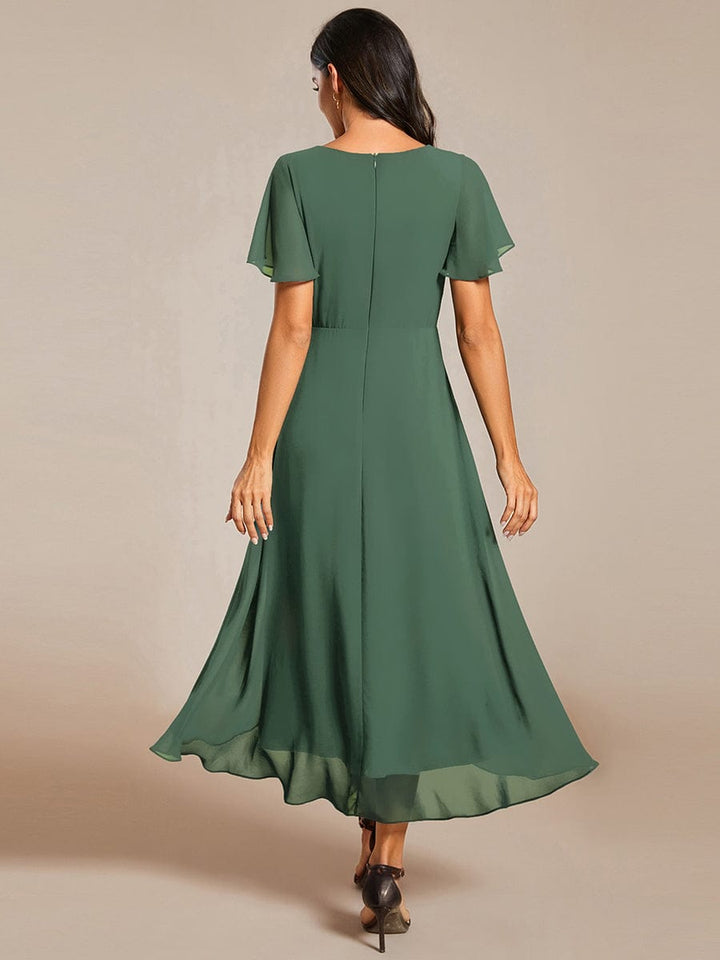 Maya|Ruffles Sleeve Pleated V-Neck A-Line Midi Chiffon Wedding Guest Dress
