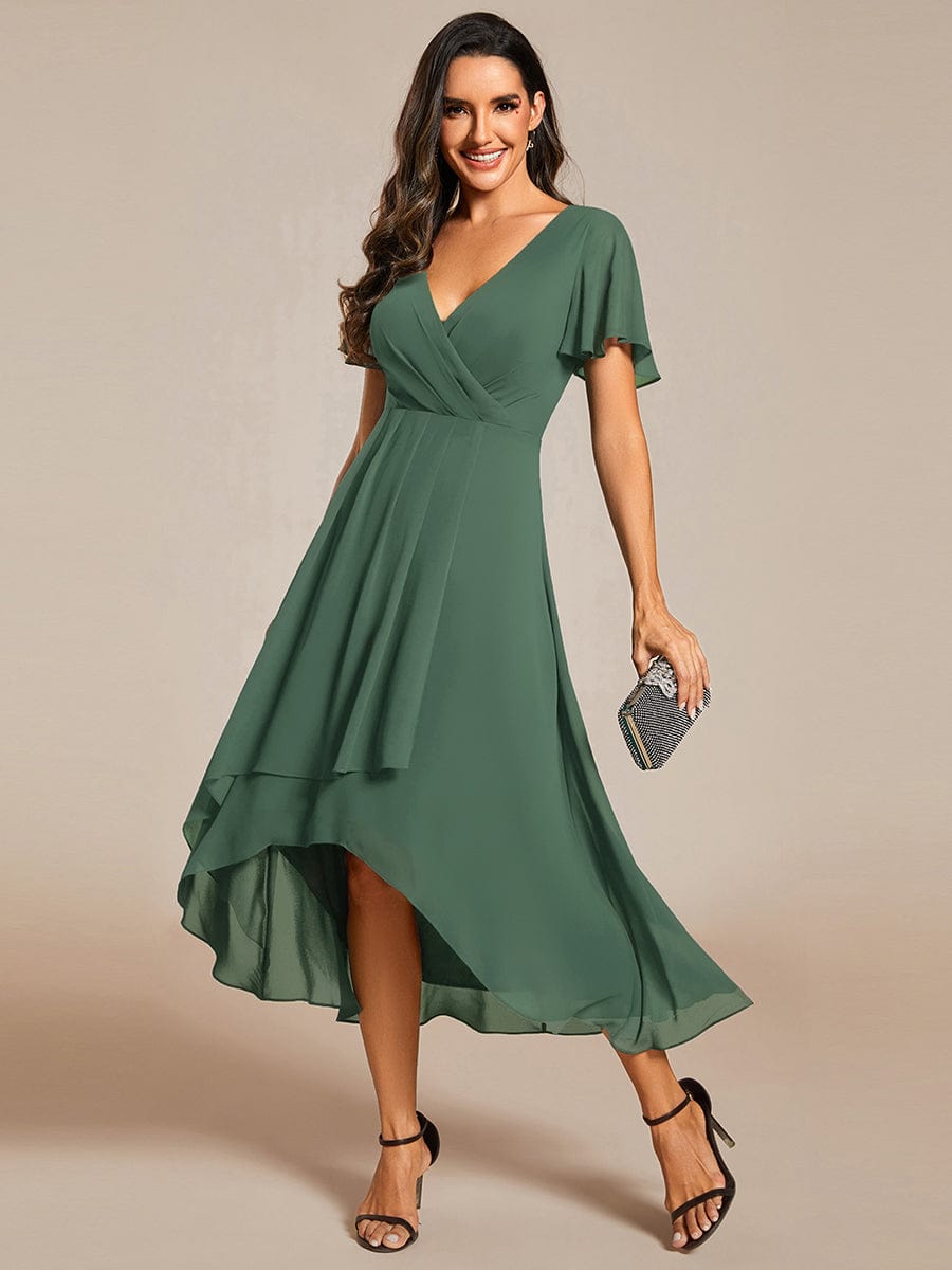 Maya|Ruffles Sleeve Pleated V-Neck A-Line Midi Chiffon Wedding Guest Dress