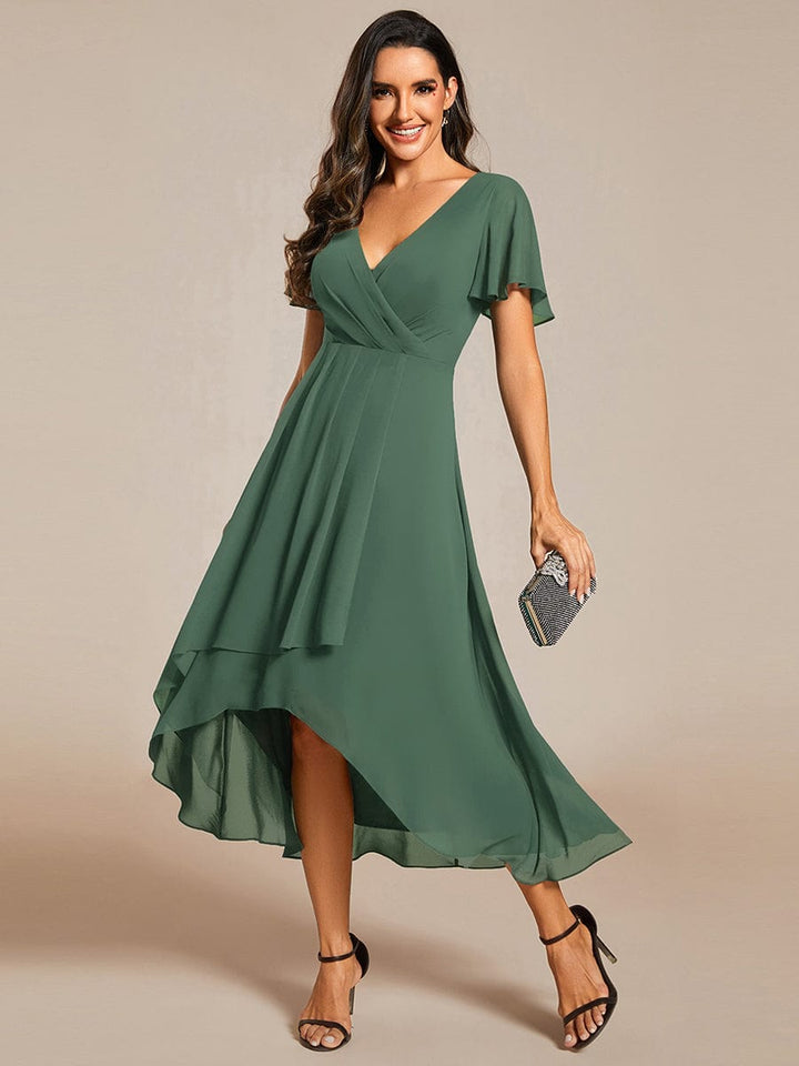 Maya|Ruffles Sleeve Pleated V-Neck A-Line Midi Chiffon Wedding Guest Dress
