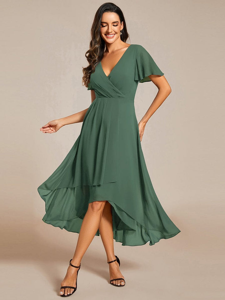Maya|Ruffles Sleeve Pleated V-Neck A-Line Midi Chiffon Wedding Guest Dress