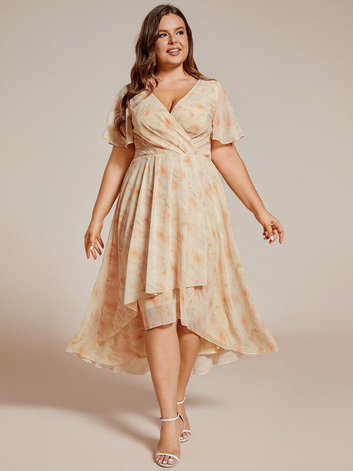 Maya|Ruffles Sleeve Pleated V-Neck A-Line Midi Chiffon Wedding Guest Dress