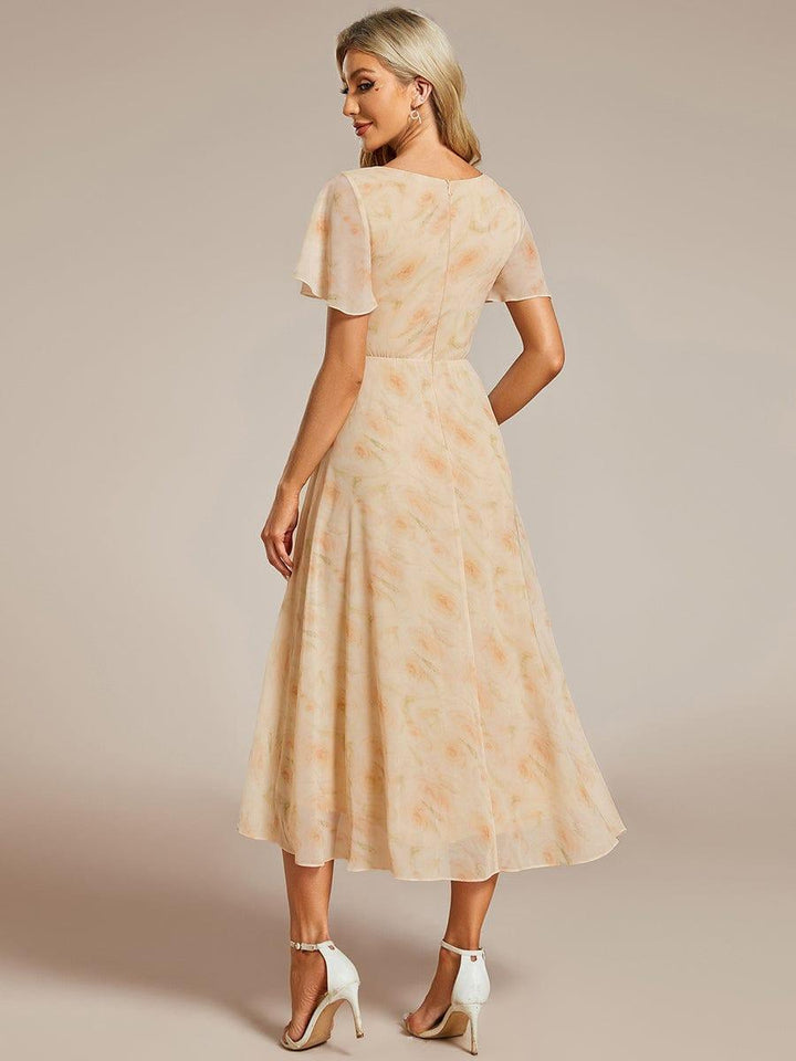 Maya|Ruffles Sleeve Pleated V-Neck A-Line Midi Chiffon Wedding Guest Dress