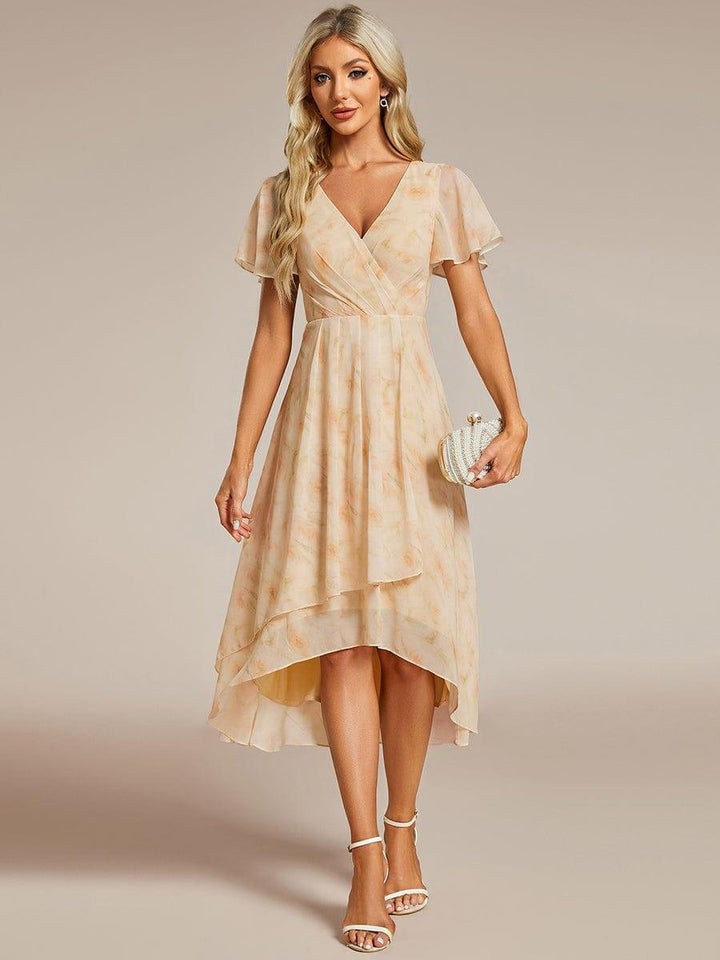 Maya|Ruffles Sleeve Pleated V-Neck A-Line Midi Chiffon Wedding Guest Dress