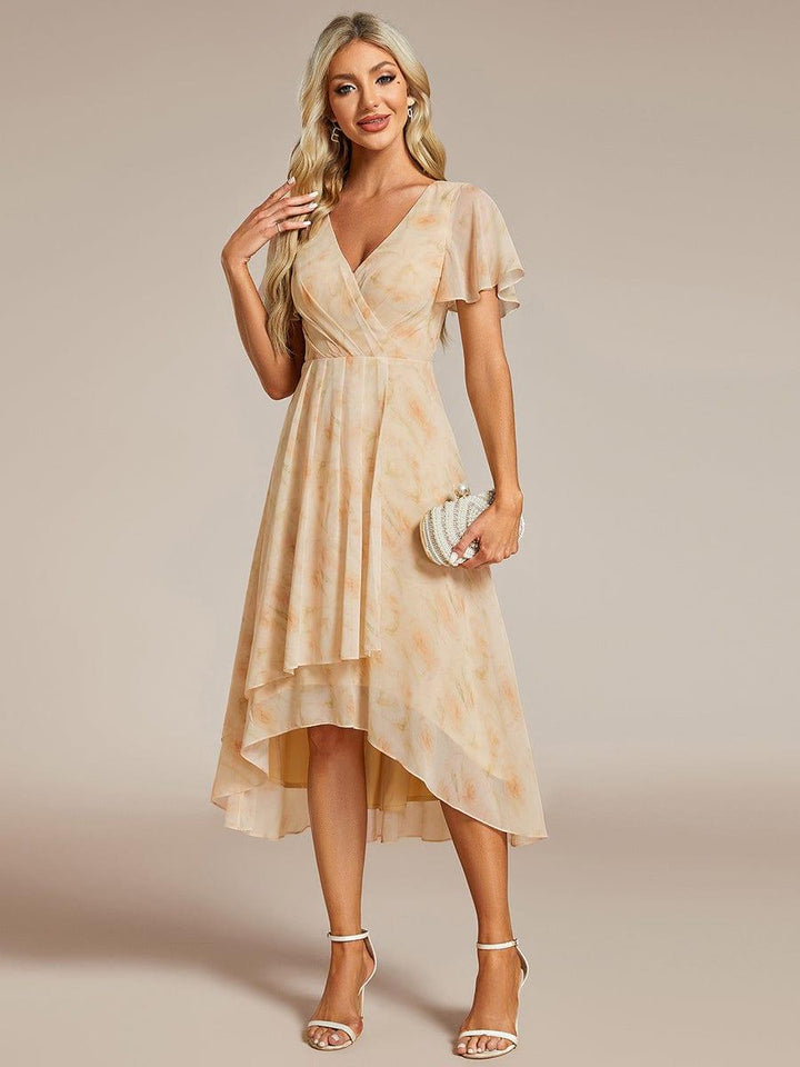 Maya|Ruffles Sleeve Pleated V-Neck A-Line Midi Chiffon Wedding Guest Dress