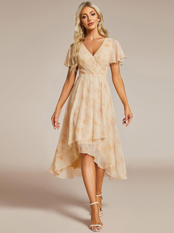 Maya|Ruffles Sleeve Pleated V-Neck A-Line Midi Chiffon Wedding Guest Dress
