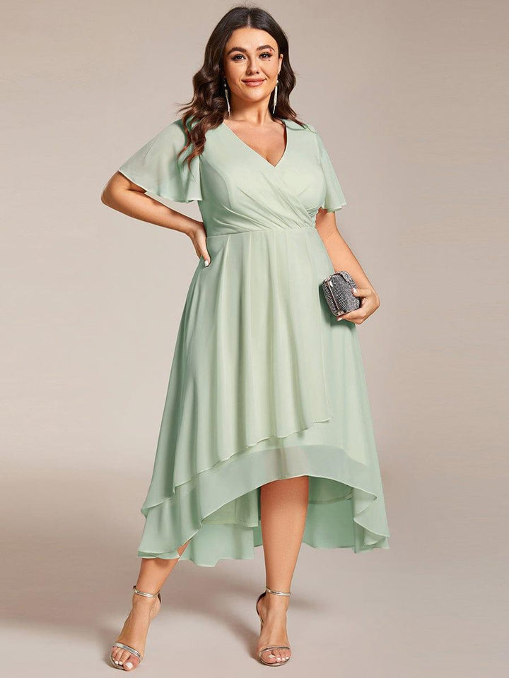 Maya|Ruffles Sleeve Pleated V-Neck A-Line Midi Chiffon Wedding Guest Dress