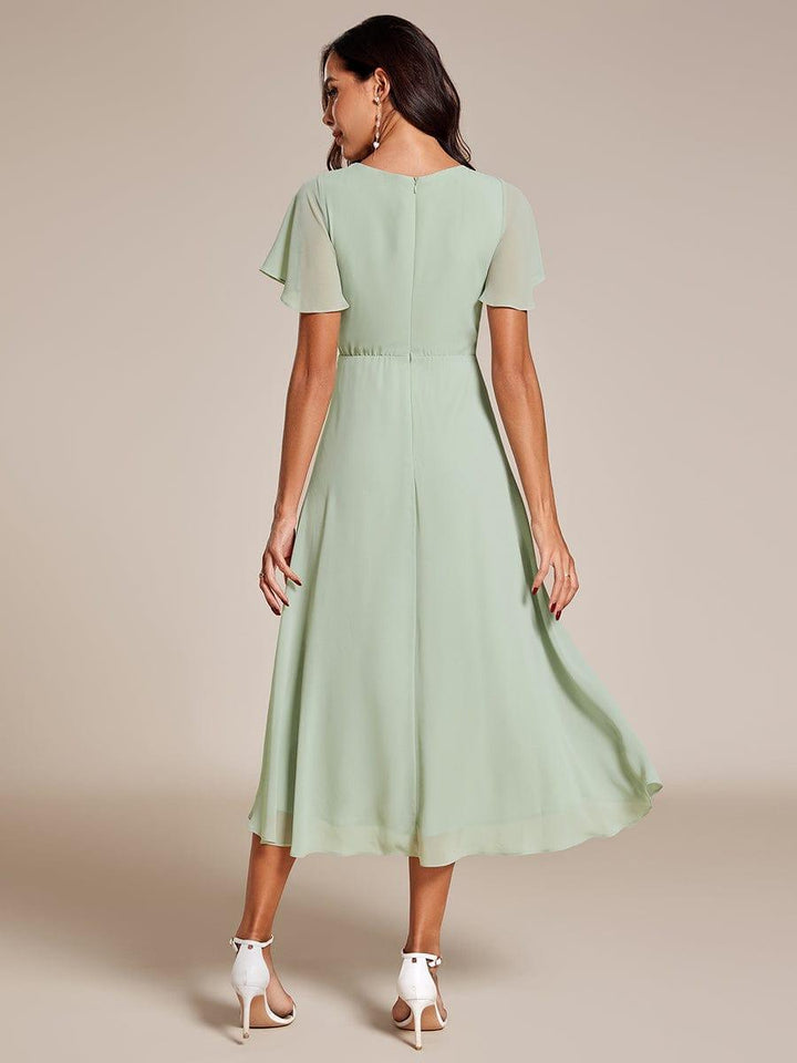 Maya|Ruffles Sleeve Pleated V-Neck A-Line Midi Chiffon Wedding Guest Dress