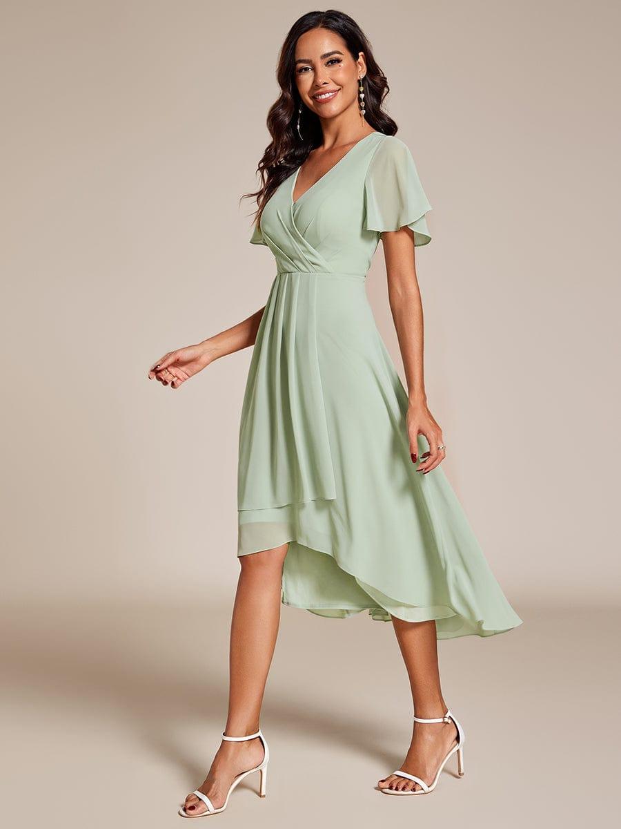 Maya|Ruffles Sleeve Pleated V-Neck A-Line Midi Chiffon Wedding Guest Dress