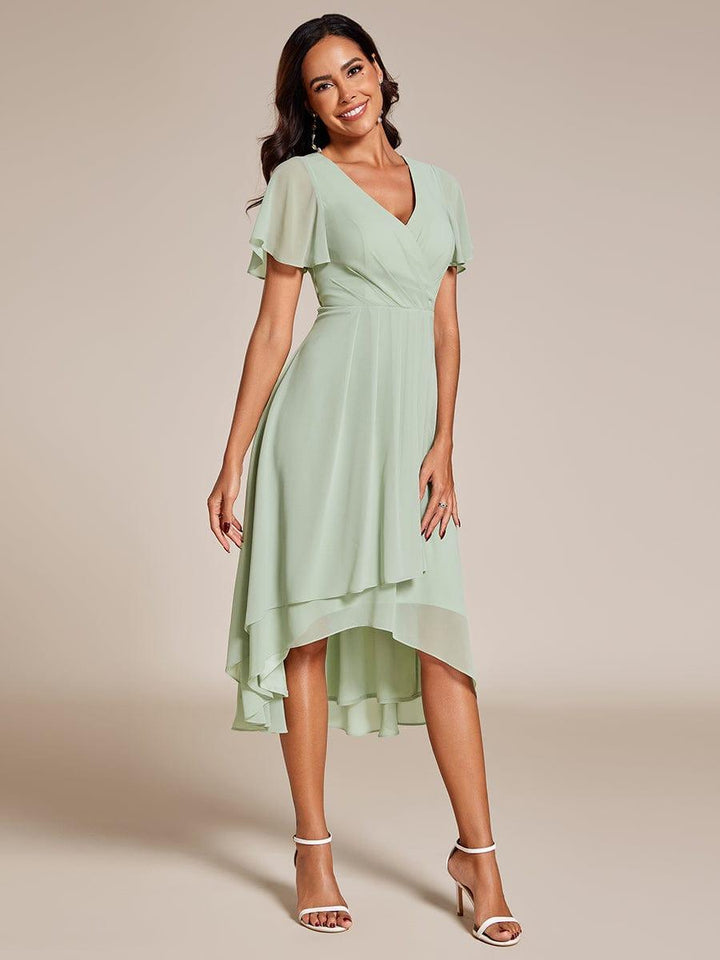 Maya|Ruffles Sleeve Pleated V-Neck A-Line Midi Chiffon Wedding Guest Dress