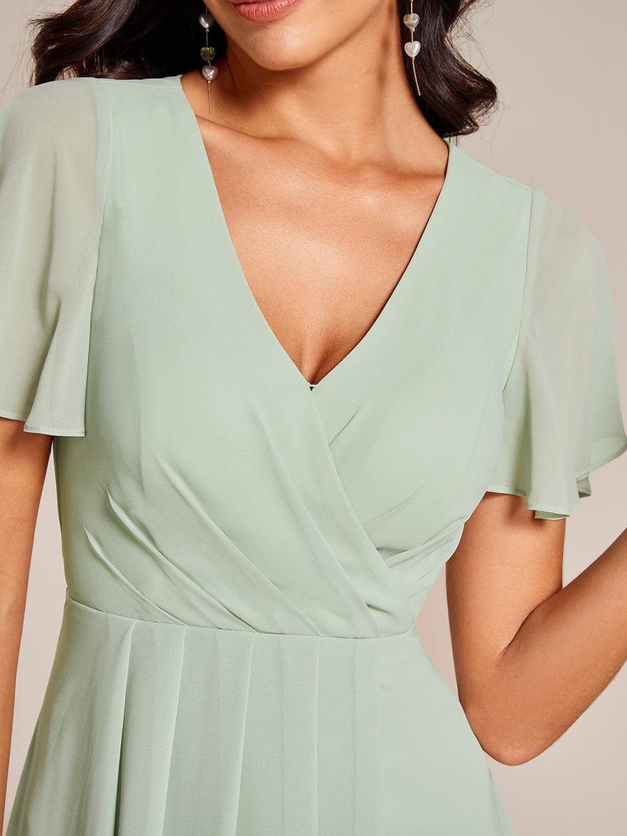 Maya|Ruffles Sleeve Pleated V-Neck A-Line Midi Chiffon Wedding Guest Dress