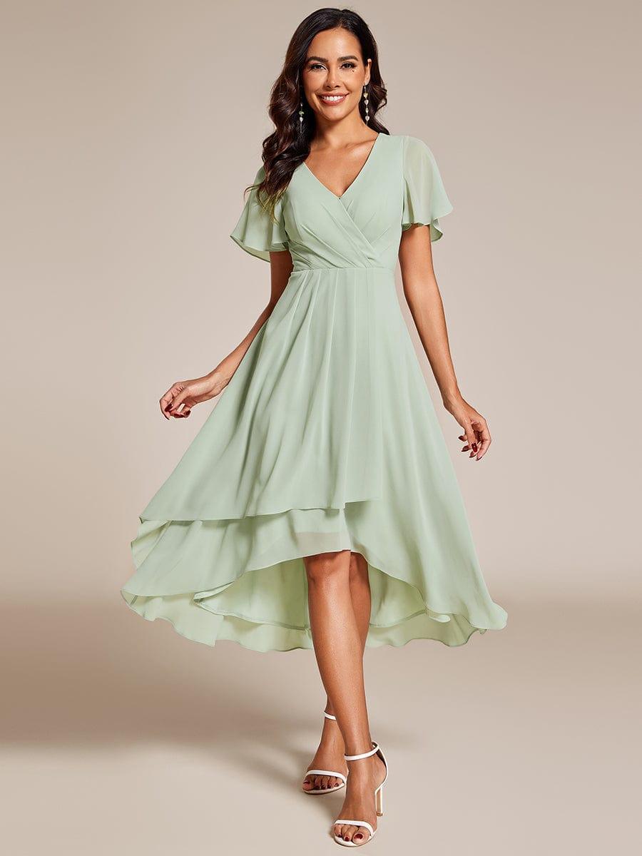 Maya|Ruffles Sleeve Pleated V-Neck A-Line Midi Chiffon Wedding Guest Dress