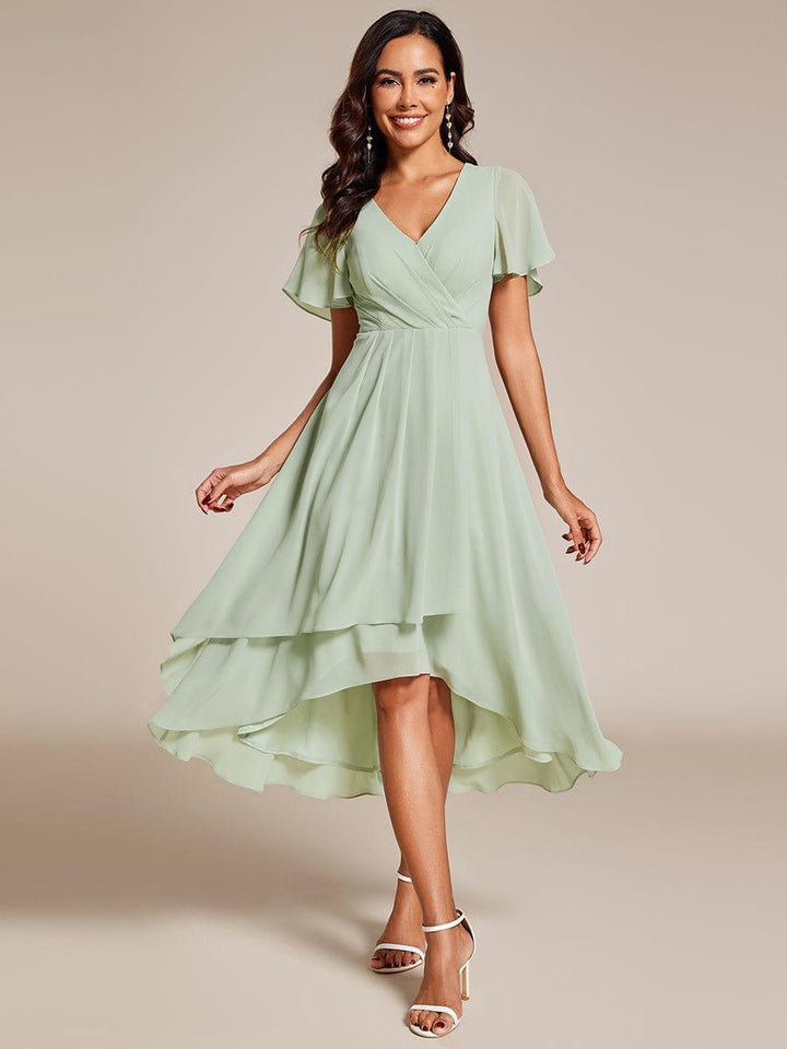 Maya|Ruffles Sleeve Pleated V-Neck A-Line Midi Chiffon Wedding Guest Dress