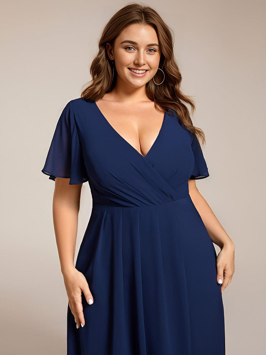 Maya|Ruffles Sleeve Pleated V-Neck A-Line Midi Chiffon Wedding Guest Dress
