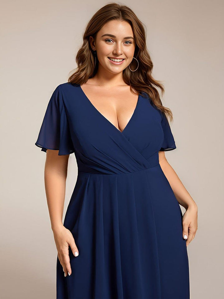 Maya|Ruffles Sleeve Pleated V-Neck A-Line Midi Chiffon Wedding Guest Dress