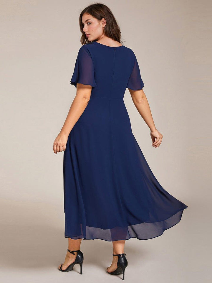 Maya|Ruffles Sleeve Pleated V-Neck A-Line Midi Chiffon Wedding Guest Dress