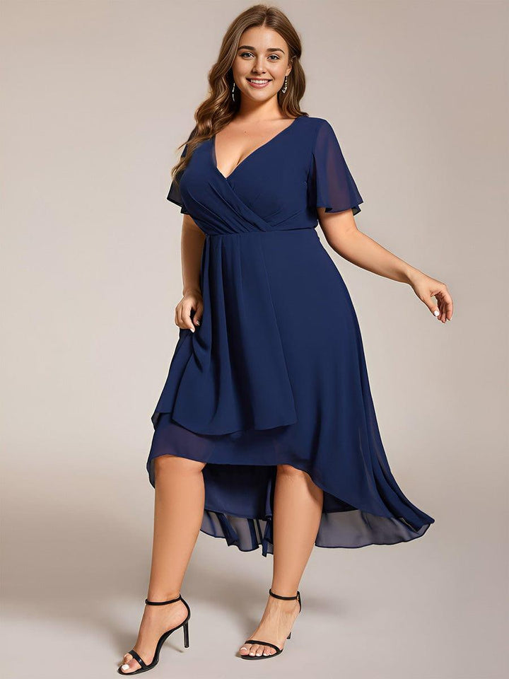 Maya|Ruffles Sleeve Pleated V-Neck A-Line Midi Chiffon Wedding Guest Dress