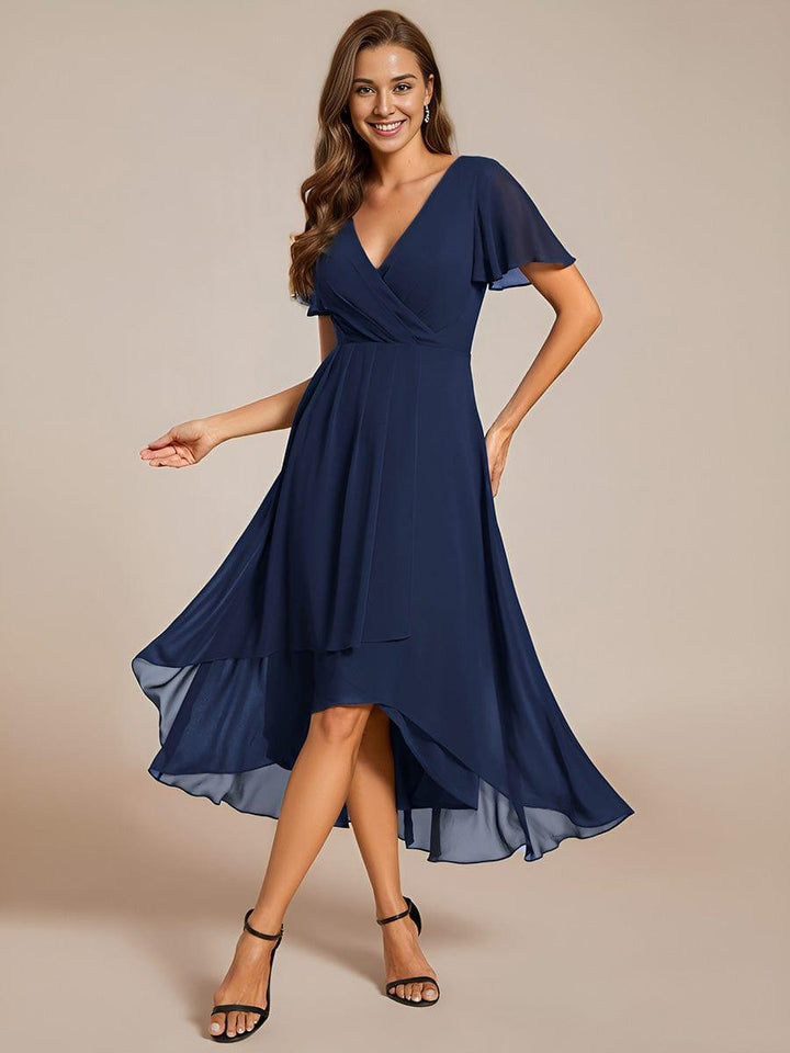 Maya|Ruffles Sleeve Pleated V-Neck A-Line Midi Chiffon Wedding Guest Dress