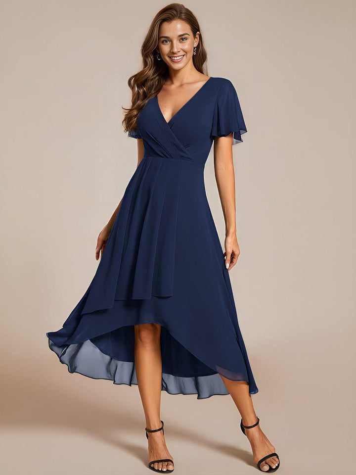 Maya|Ruffles Sleeve Pleated V-Neck A-Line Midi Chiffon Wedding Guest Dress