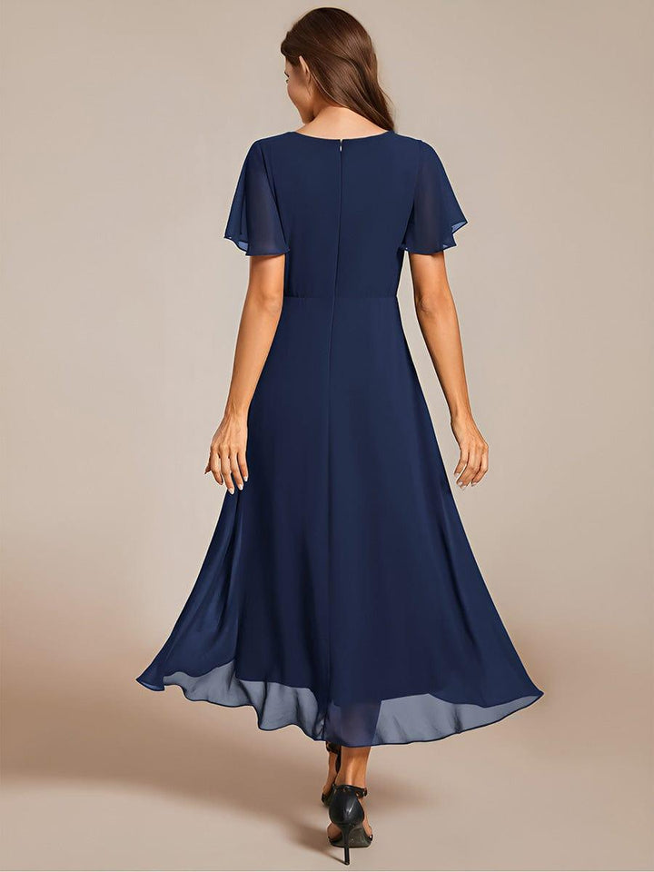 Maya|Ruffles Sleeve Pleated V-Neck A-Line Midi Chiffon Wedding Guest Dress