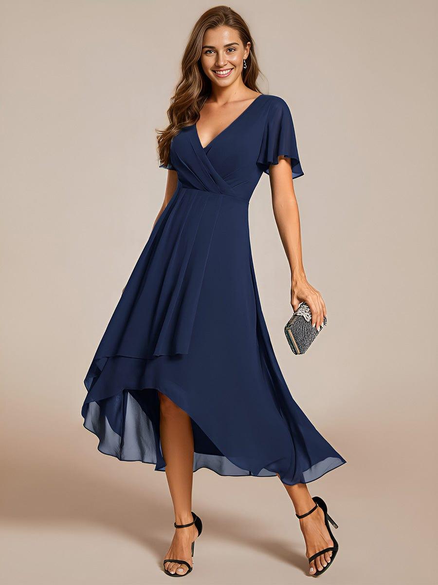 Maya|Ruffles Sleeve Pleated V-Neck A-Line Midi Chiffon Wedding Guest Dress