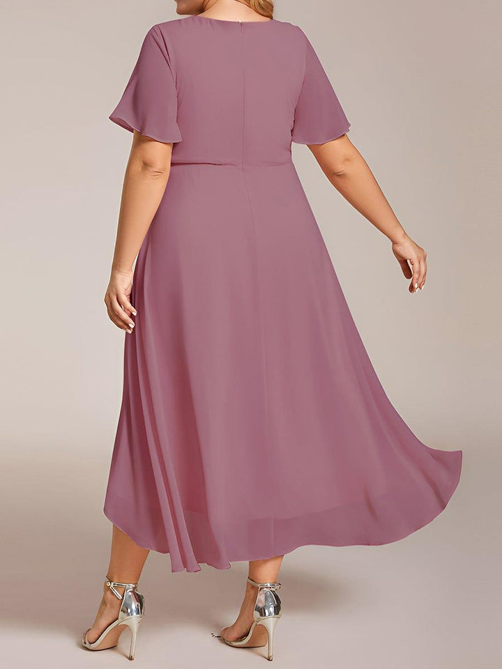 Maya|Ruffles Sleeve Pleated V-Neck A-Line Midi Chiffon Wedding Guest Dress