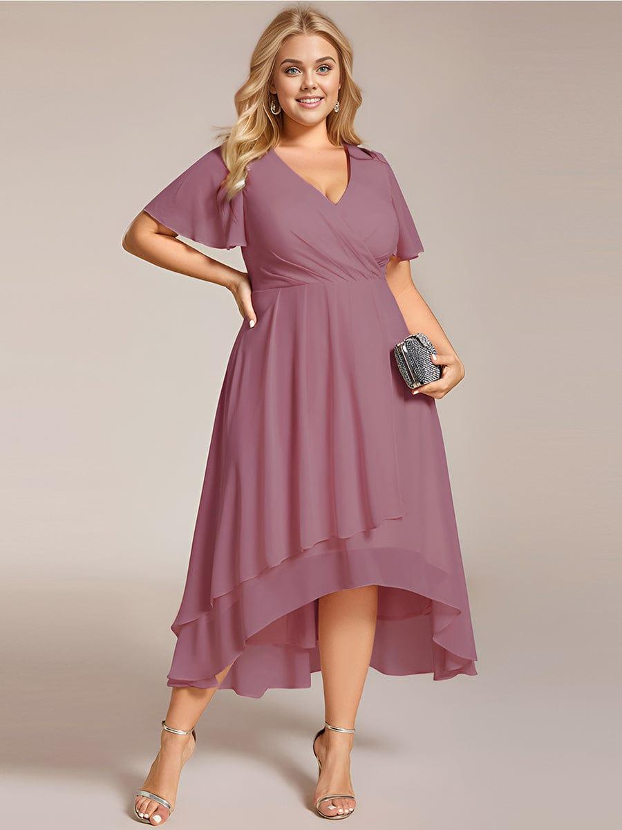 Maya|Ruffles Sleeve Pleated V-Neck A-Line Midi Chiffon Wedding Guest Dress