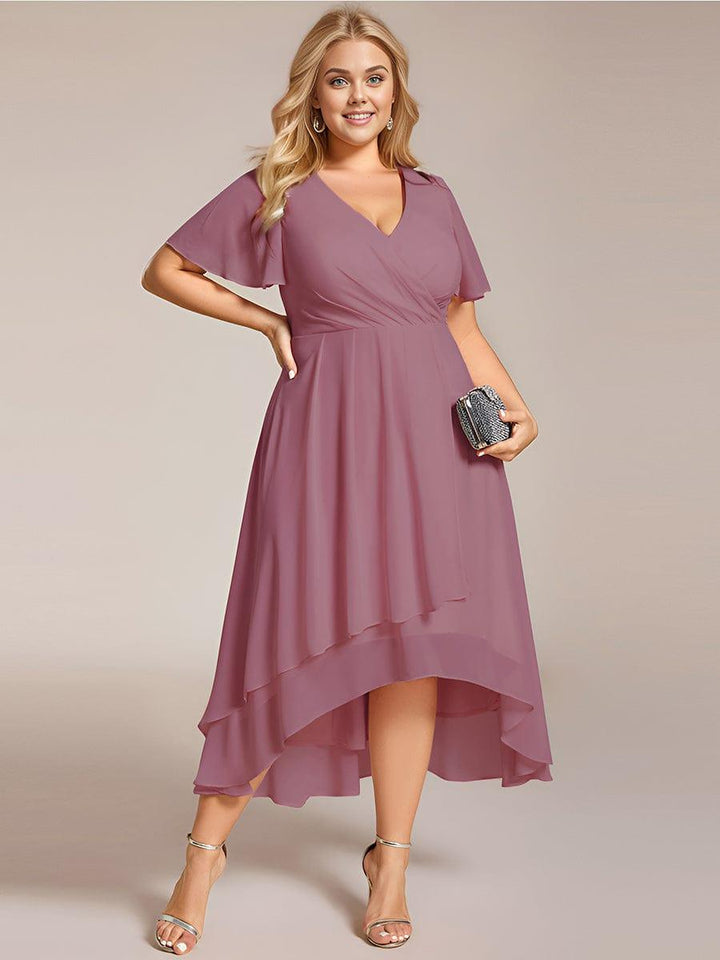 Maya|Ruffles Sleeve Pleated V-Neck A-Line Midi Chiffon Wedding Guest Dress
