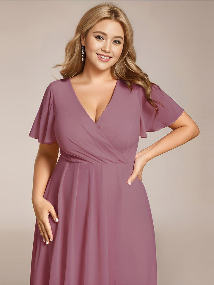 Maya|Ruffles Sleeve Pleated V-Neck A-Line Midi Chiffon Wedding Guest Dress