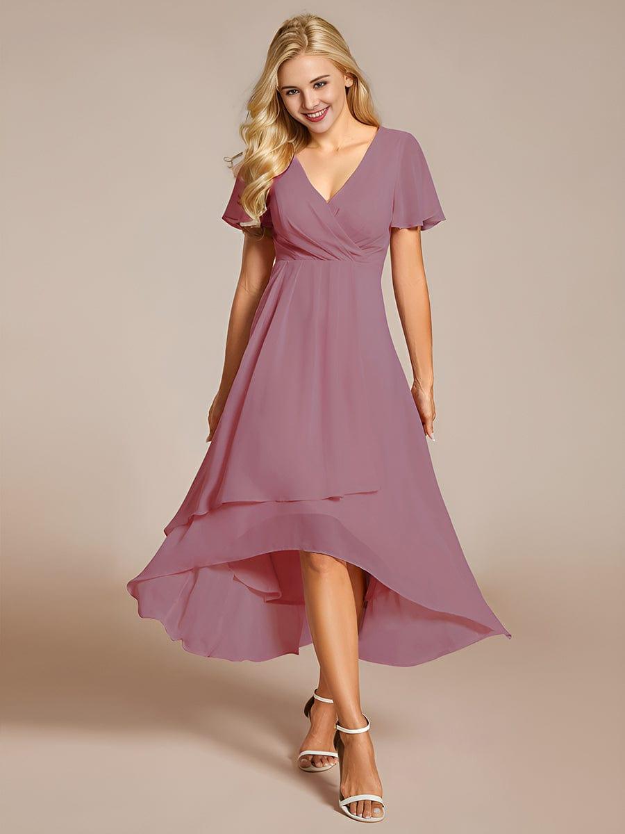 Maya|Ruffles Sleeve Pleated V-Neck A-Line Midi Chiffon Wedding Guest Dress