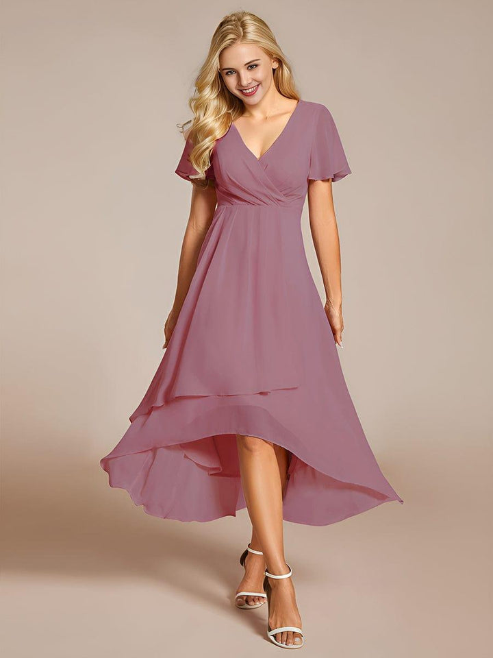 Maya|Ruffles Sleeve Pleated V-Neck A-Line Midi Chiffon Wedding Guest Dress