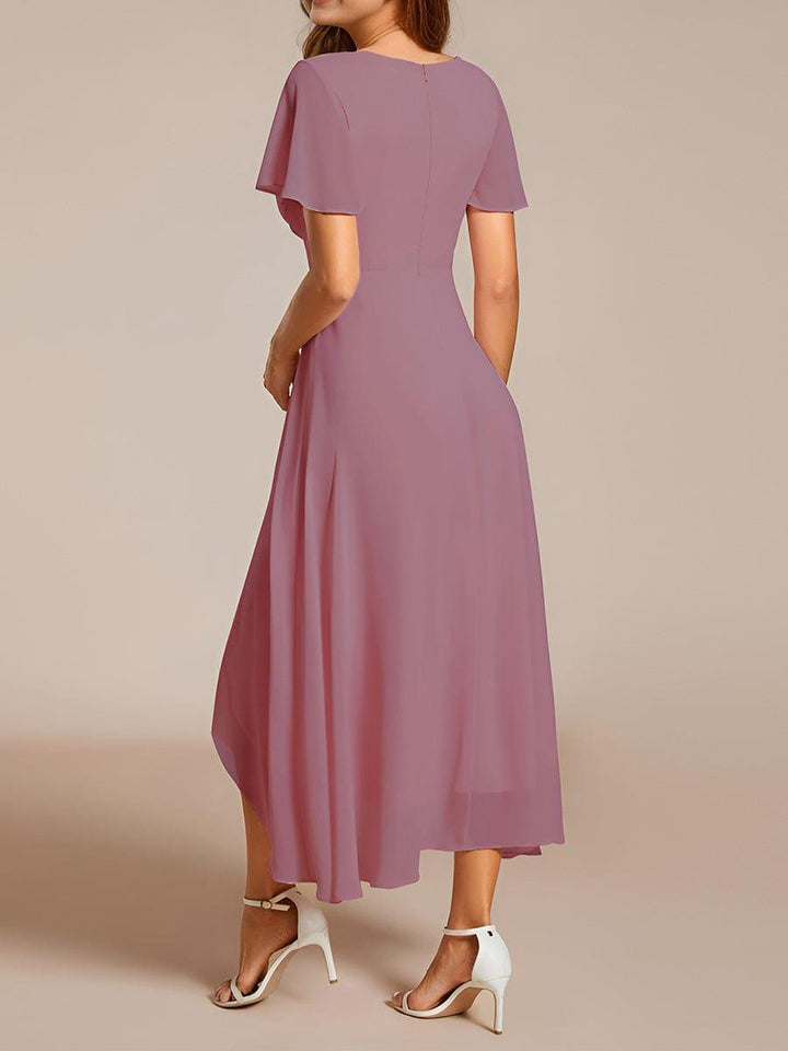 Maya|Ruffles Sleeve Pleated V-Neck A-Line Midi Chiffon Wedding Guest Dress