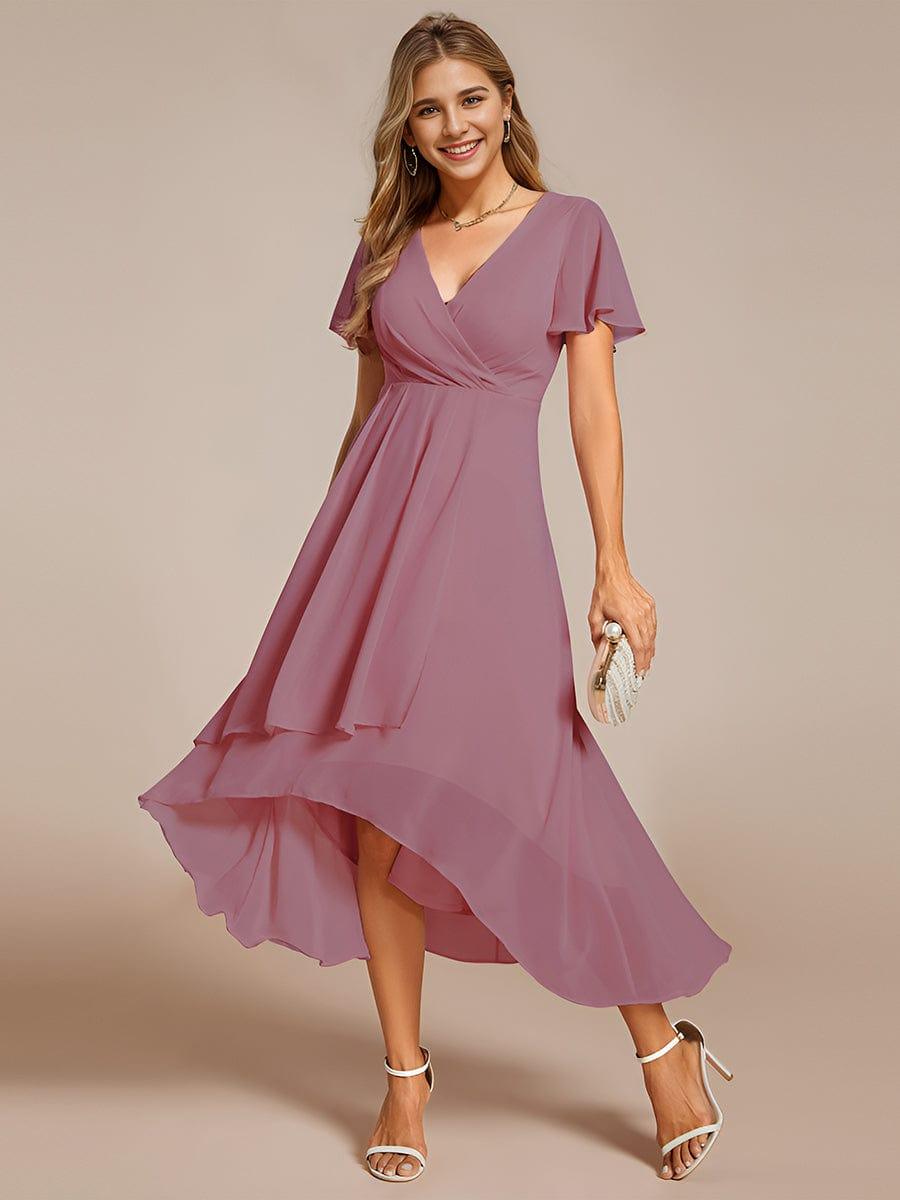 Maya|Ruffles Sleeve Pleated V-Neck A-Line Midi Chiffon Wedding Guest Dress