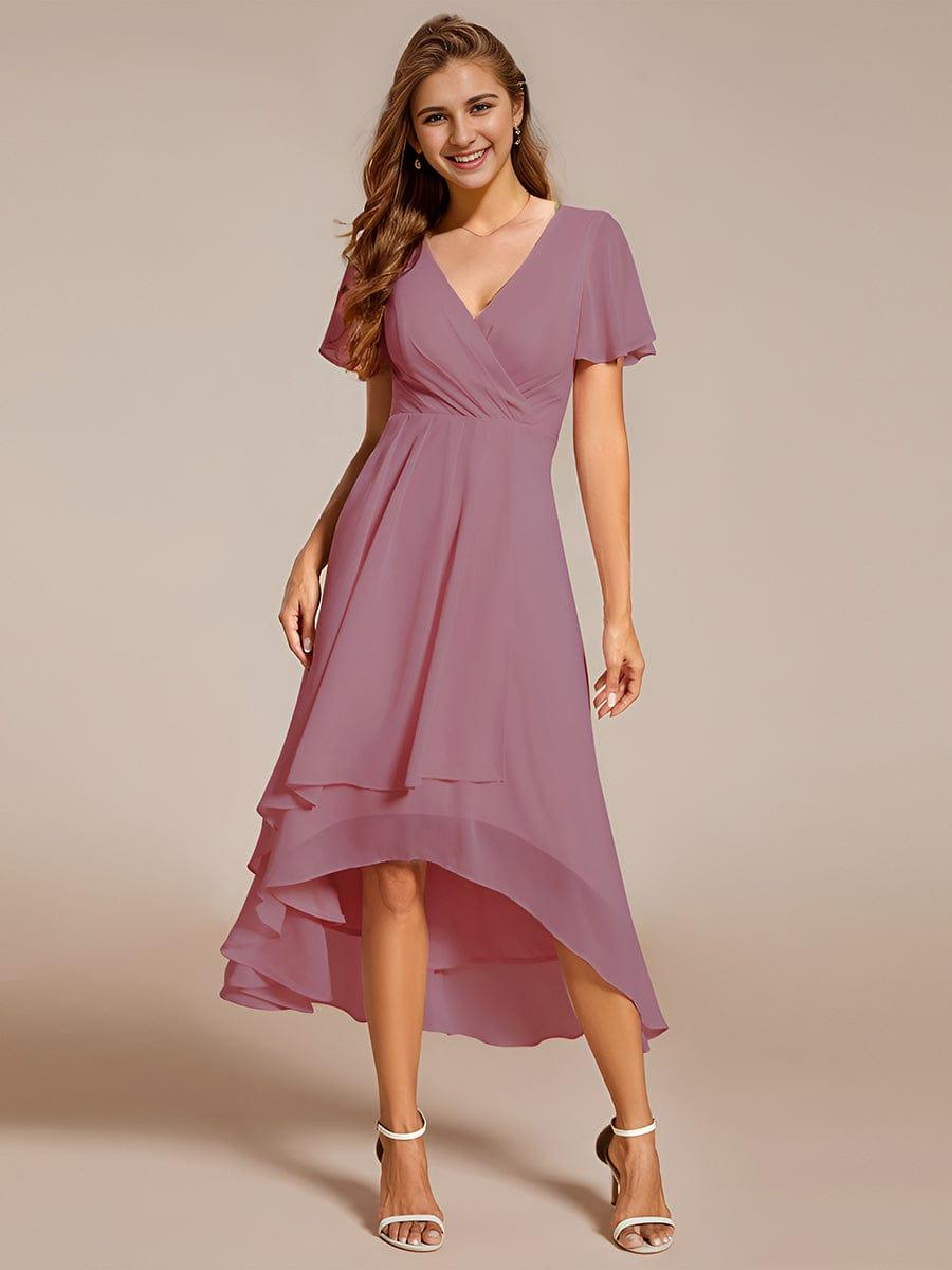 Maya|Ruffles Sleeve Pleated V-Neck A-Line Midi Chiffon Wedding Guest Dress
