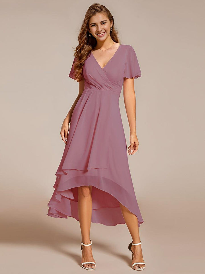 Maya|Ruffles Sleeve Pleated V-Neck A-Line Midi Chiffon Wedding Guest Dress