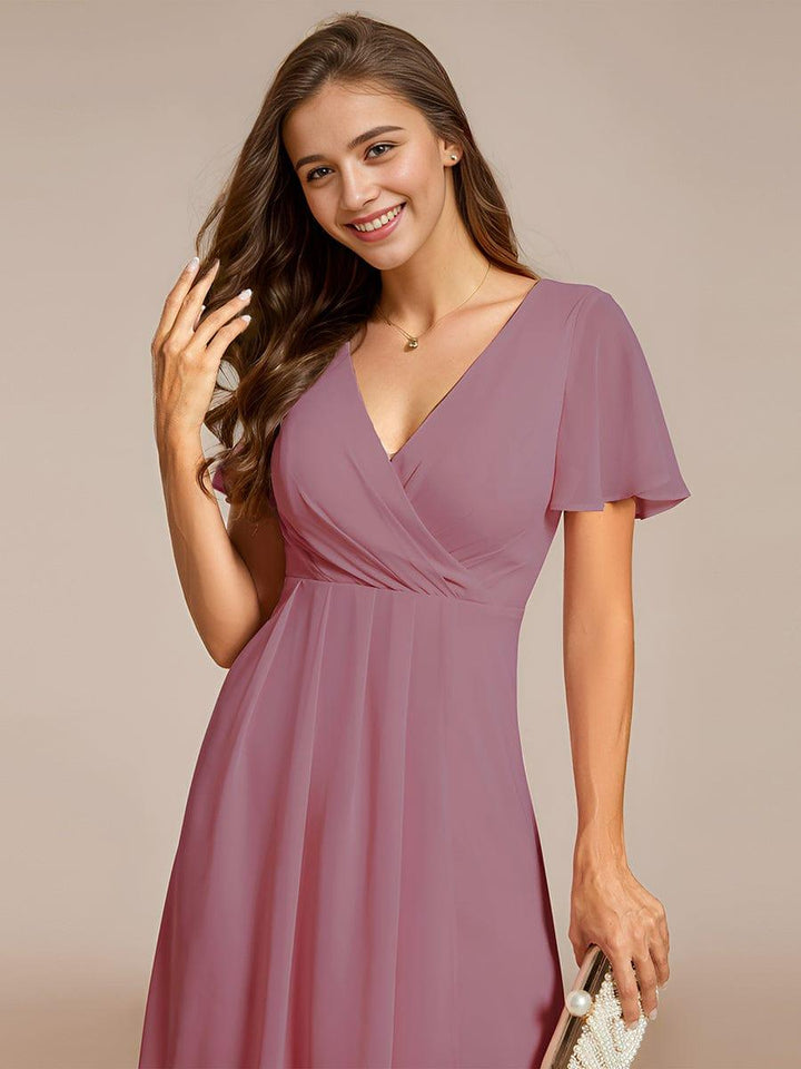Maya|Ruffles Sleeve Pleated V-Neck A-Line Midi Chiffon Wedding Guest Dress