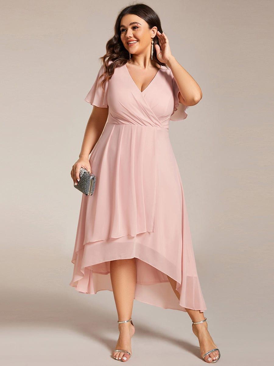 Maya|Ruffles Sleeve Pleated V-Neck A-Line Midi Chiffon Wedding Guest Dress
