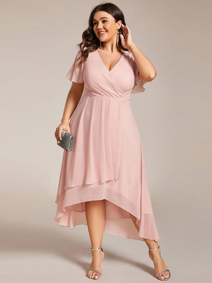 Maya|Ruffles Sleeve Pleated V-Neck A-Line Midi Chiffon Wedding Guest Dress