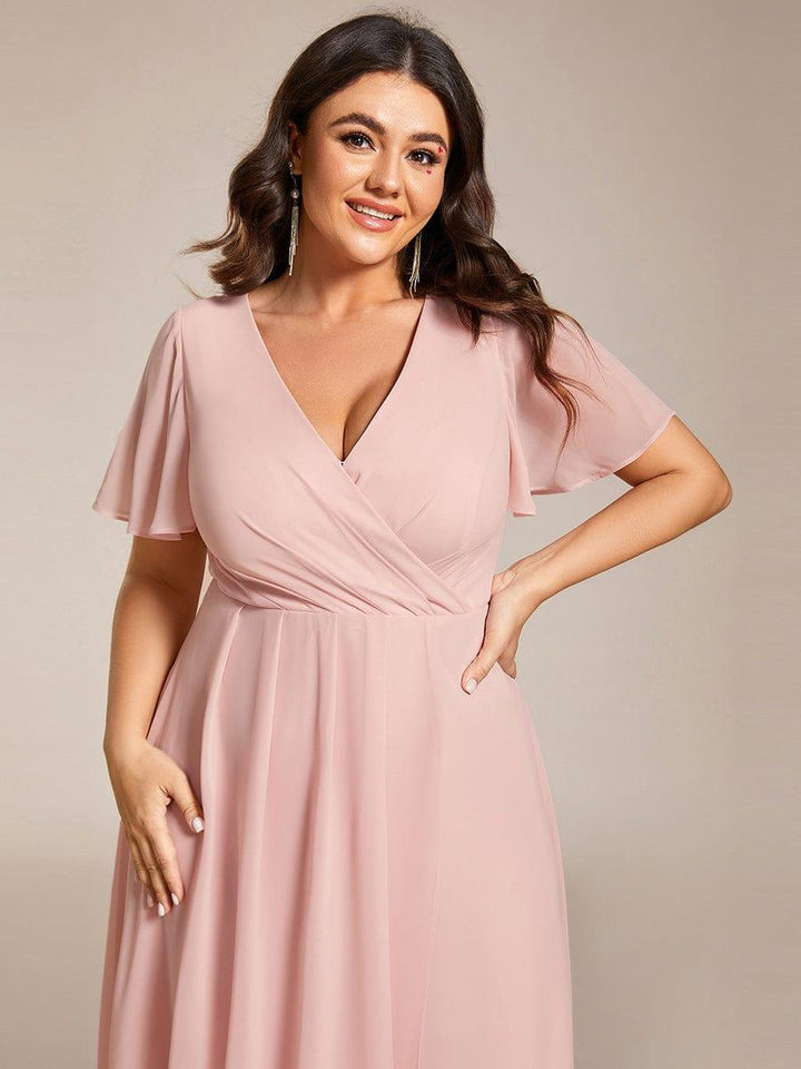 Maya|Ruffles Sleeve Pleated V-Neck A-Line Midi Chiffon Wedding Guest Dress