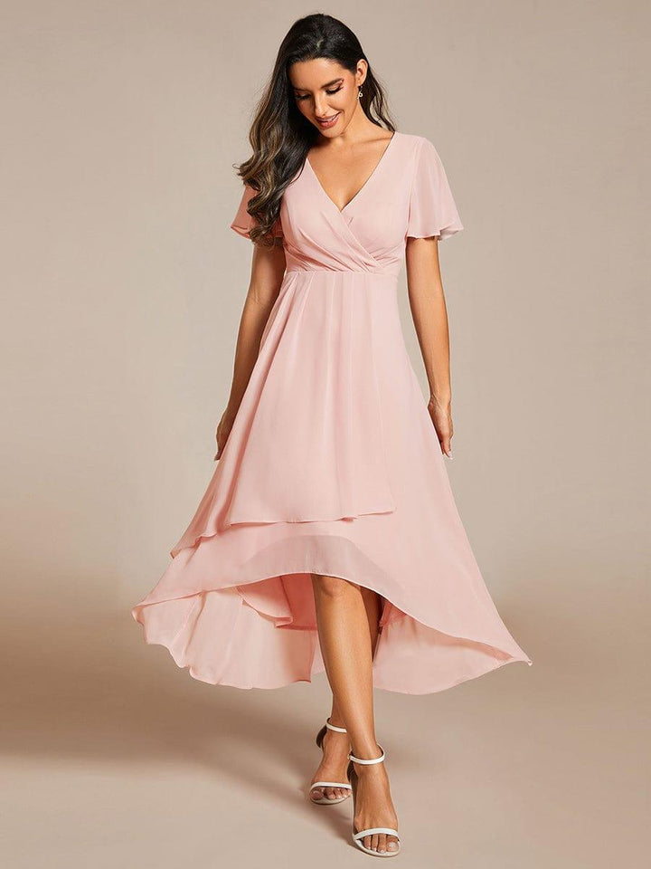 Maya|Ruffles Sleeve Pleated V-Neck A-Line Midi Chiffon Wedding Guest Dress