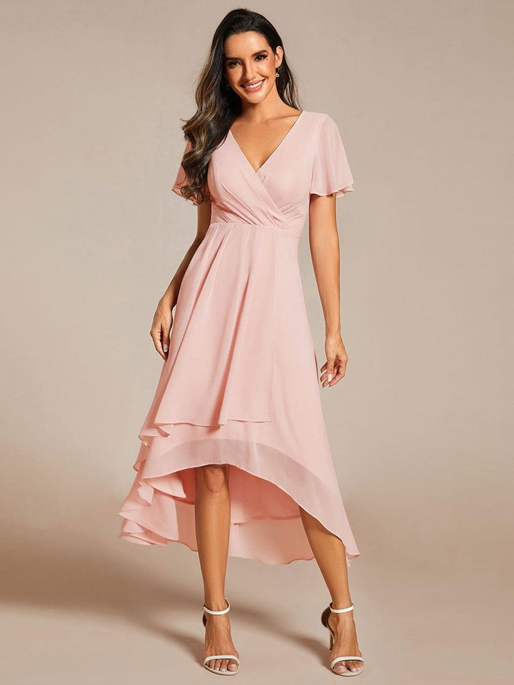 Maya|Ruffles Sleeve Pleated V-Neck A-Line Midi Chiffon Wedding Guest Dress
