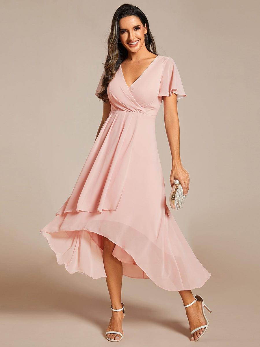 Maya|Ruffles Sleeve Pleated V-Neck A-Line Midi Chiffon Wedding Guest Dress