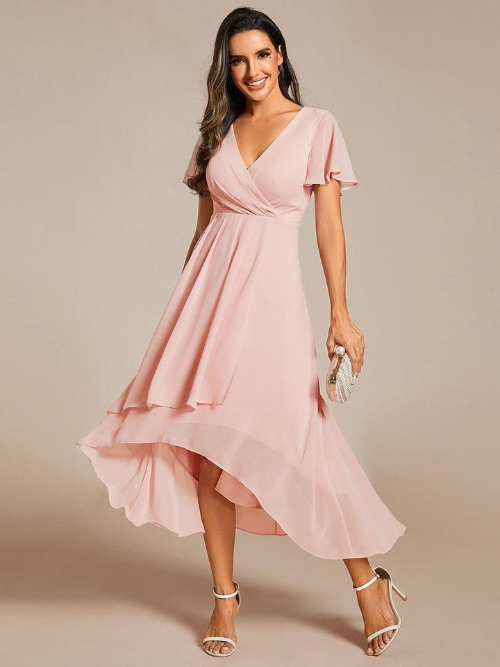 Maya|Ruffles Sleeve Pleated V-Neck A-Line Midi Chiffon Wedding Guest Dress