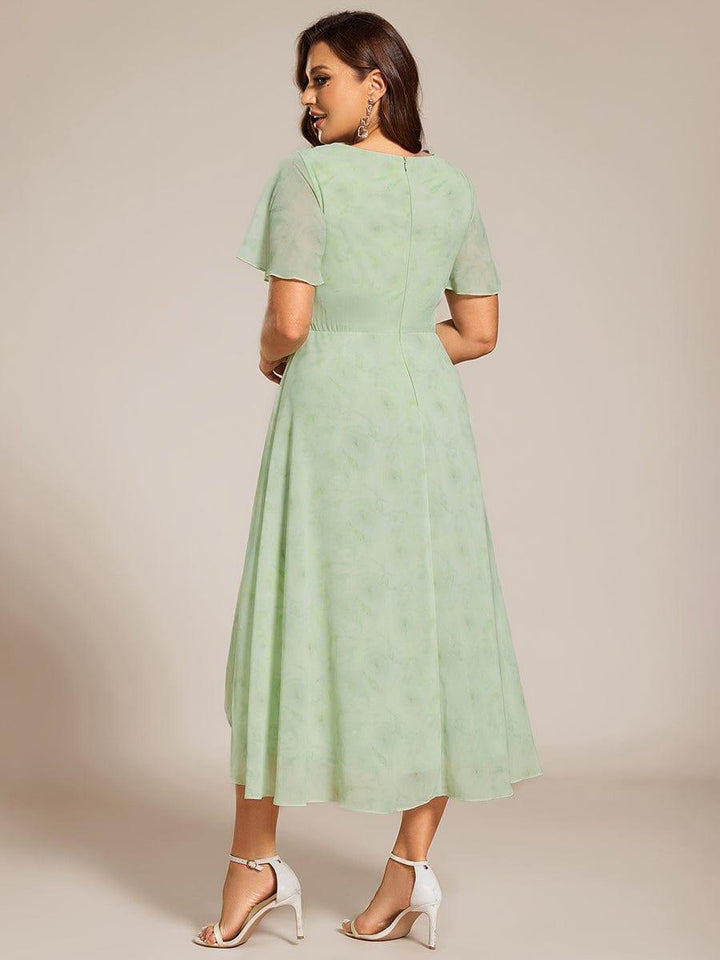 Maya|Ruffles Sleeve Pleated V-Neck A-Line Midi Chiffon Wedding Guest Dress