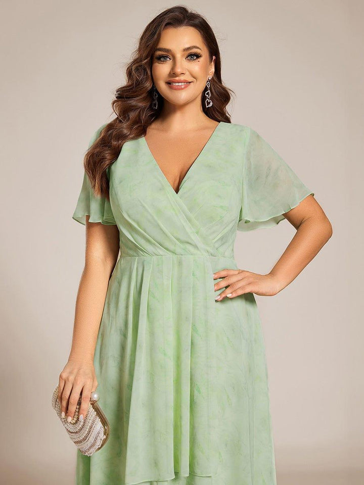 Maya|Ruffles Sleeve Pleated V-Neck A-Line Midi Chiffon Wedding Guest Dress