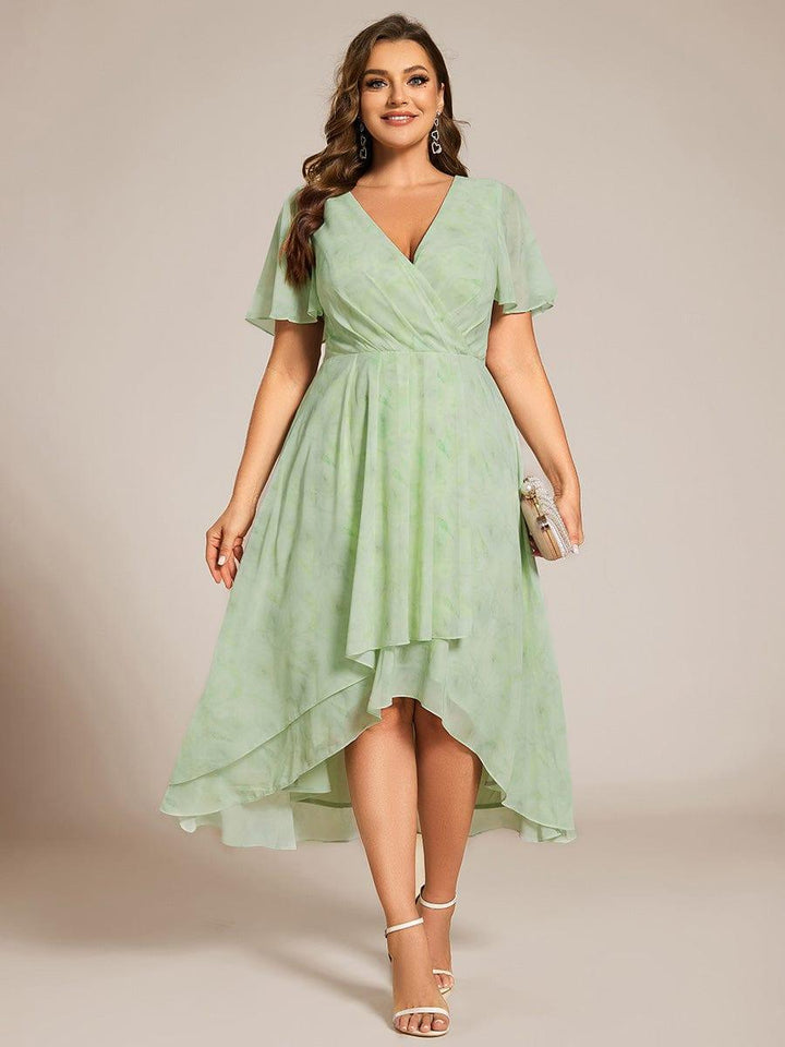 Maya|Ruffles Sleeve Pleated V-Neck A-Line Midi Chiffon Wedding Guest Dress
