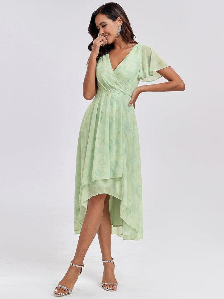 Maya|Ruffles Sleeve Pleated V-Neck A-Line Midi Chiffon Wedding Guest Dress